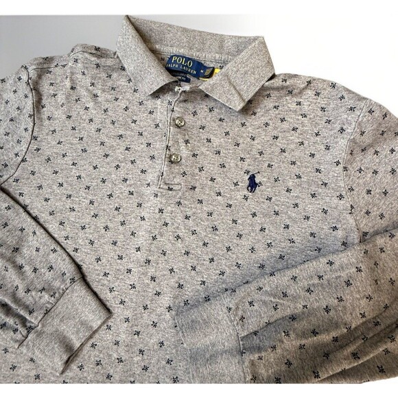 Polo Ralph Lauren Men’s MEDIUM Gray L/S Polo Shirt 25 Print Fleur-de-Lis Logo - Picture 1 of 8